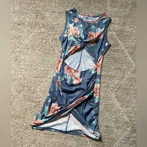 Stretchy blue and pink rose exposed mid section mini dress